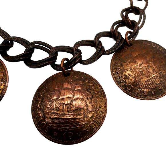 Vintage 1950s South African Coin Charm Bracelet Copper Five Cent Travel Chain - Picture 4 of 14